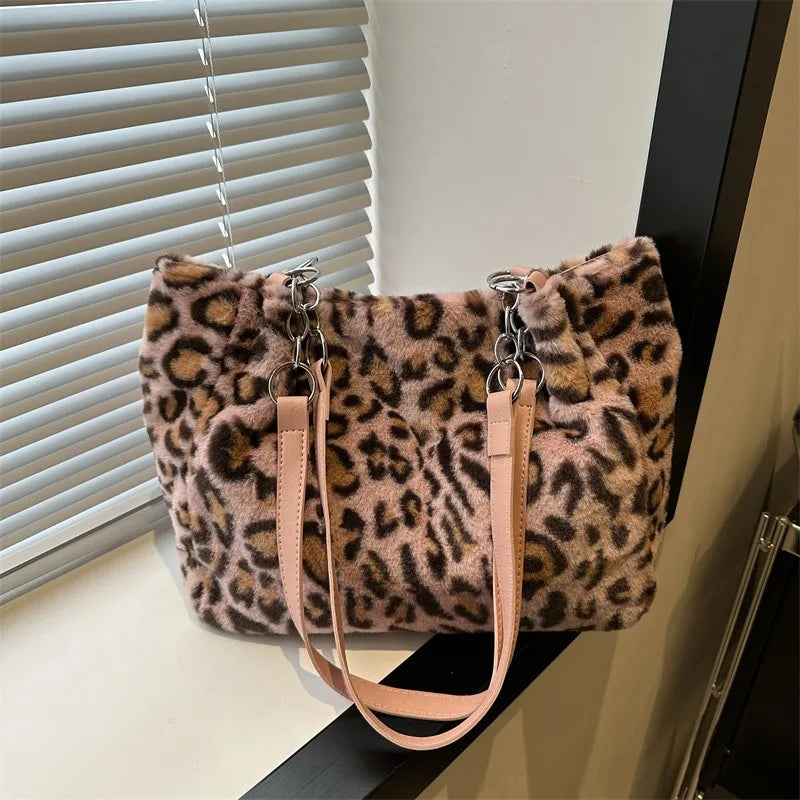 Plush Leopard Print Large Capacity Bag