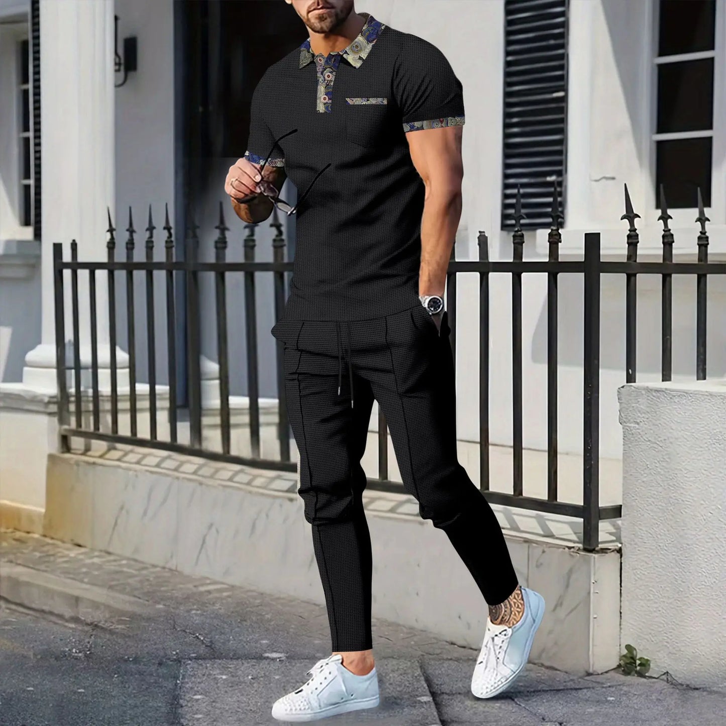Men's Casual Short-Sleeved Patterned Collar Two-Piece Set