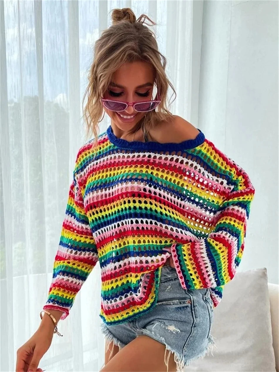 Striped Patchwork Hollow Out Sweater