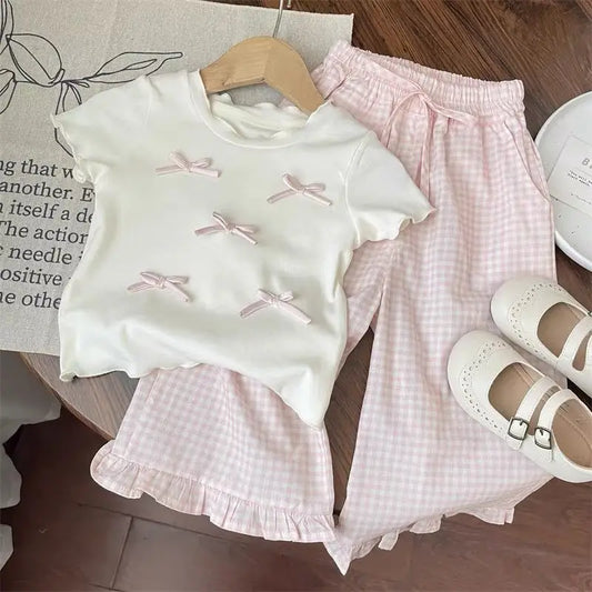 Young Girls Bow Short Sleeve Top + Plaid Wide Leg Pants Set