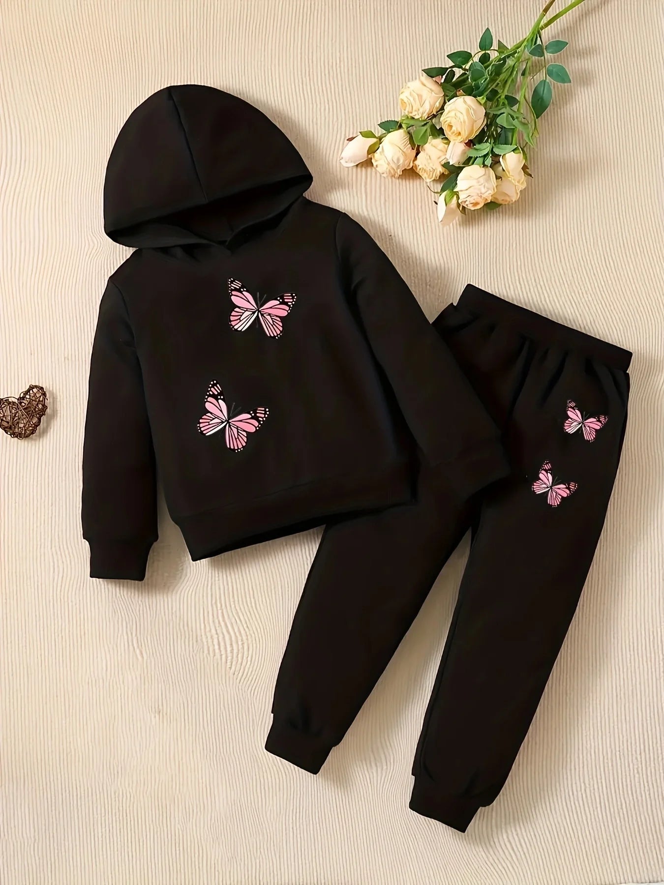 Baby Girl Butterfly Pattern Hoodie & Joggers Set