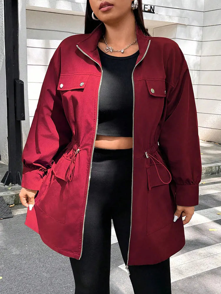 Curve Stand Collar with Drawstring Waist Trench Style Jacket