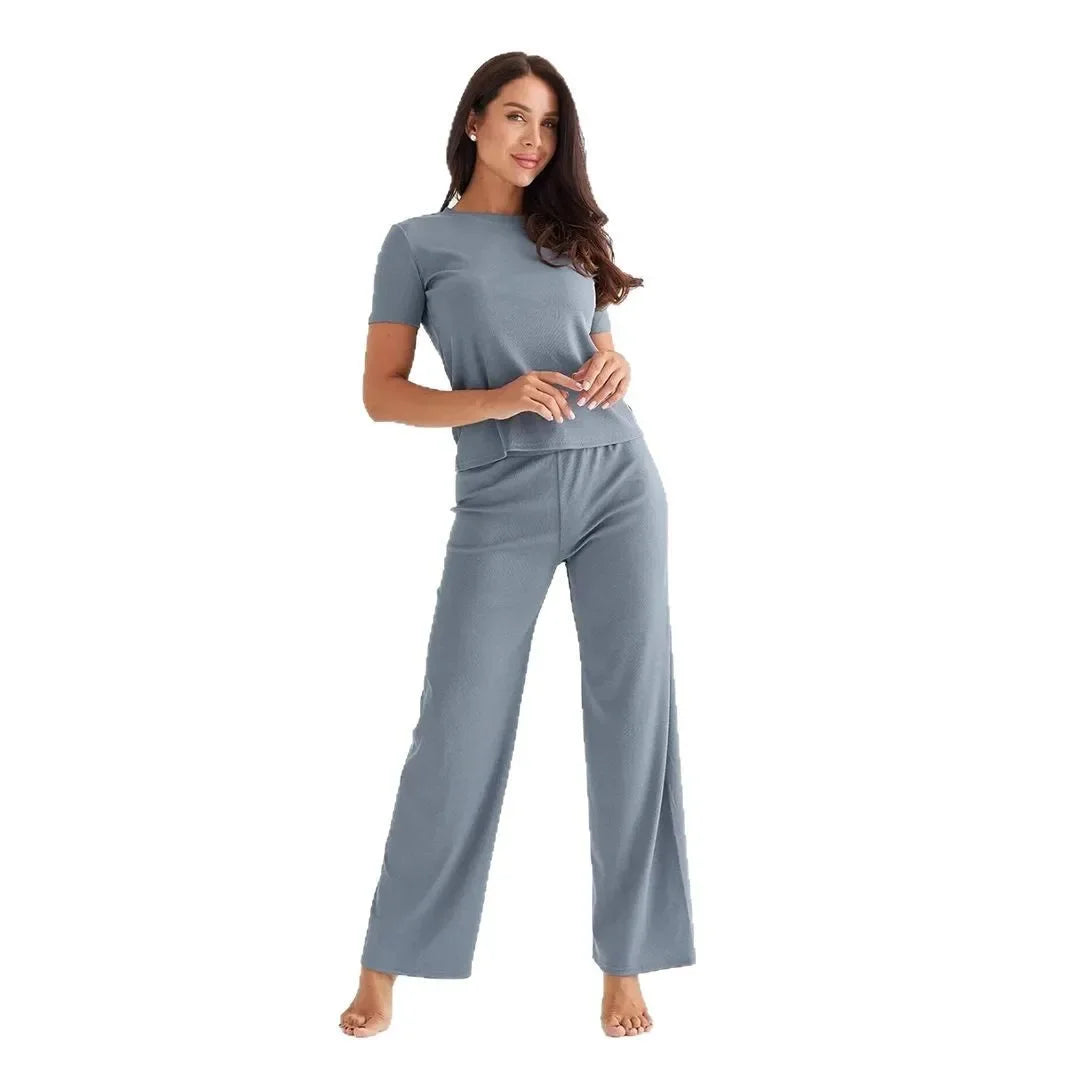 Pure Colour Short Sleeve Top & Drawstring Pants Two-Piece Set
