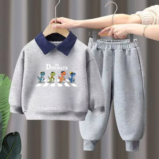 Kids Boy Dinosaur Cartoon Print Polo Sweatshirt & Joggers Set