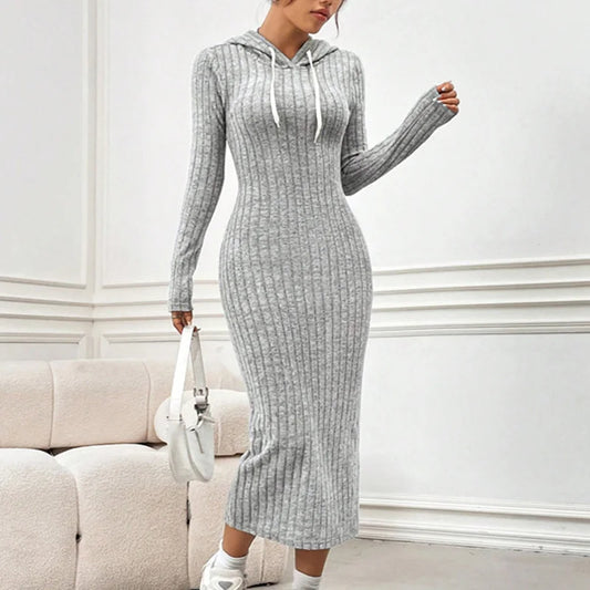 Hooded Slim Ribbed Long Dress