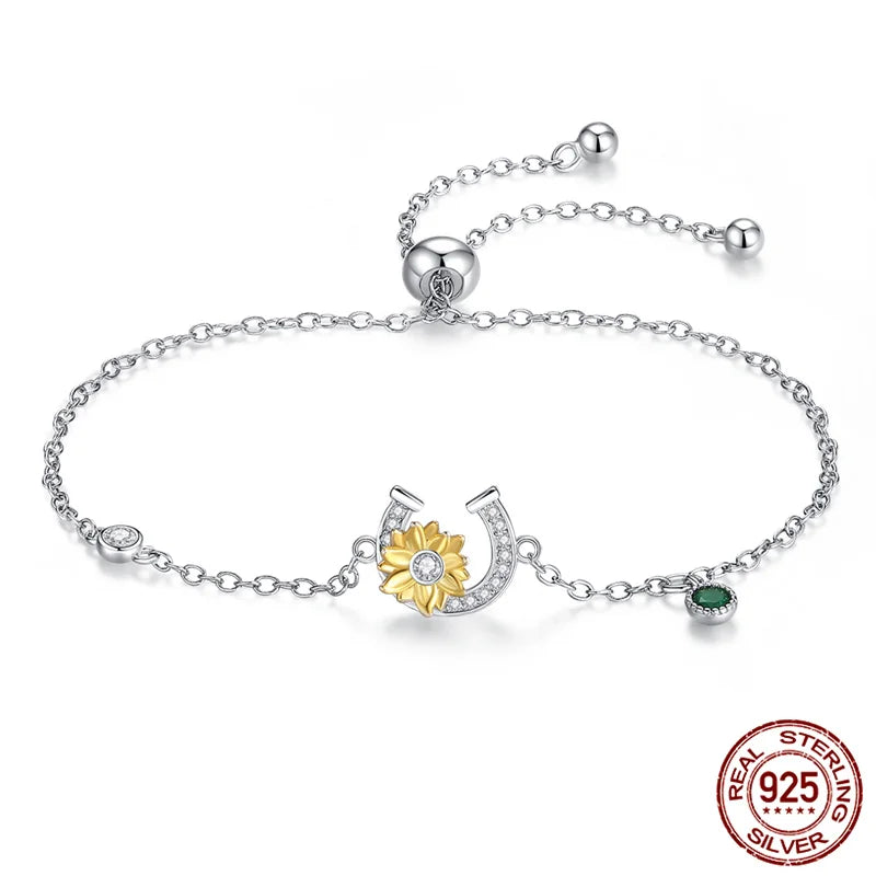 Silver Horse Shoe & Flower Chain Bracelet