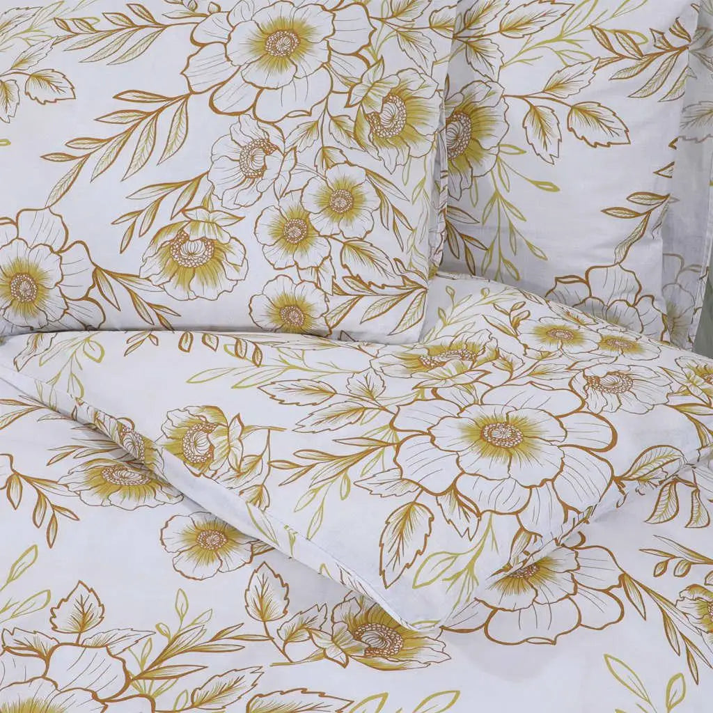 White & Brown Floral Cotton Duvet Cover Set - Double