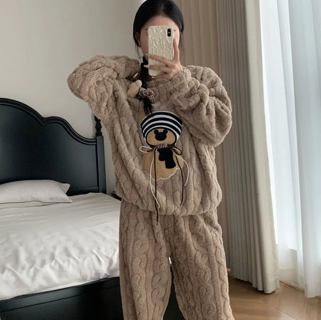 Bear Print Coral Fleece Pyjama Set