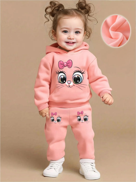 Baby Girl Cute Cartoon Cat Hoodie & Joggers Set