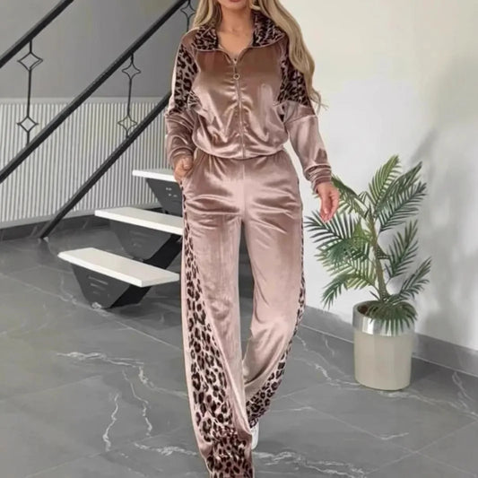 Retro Velour Leopard Print Zipper Jacket Tracksuit