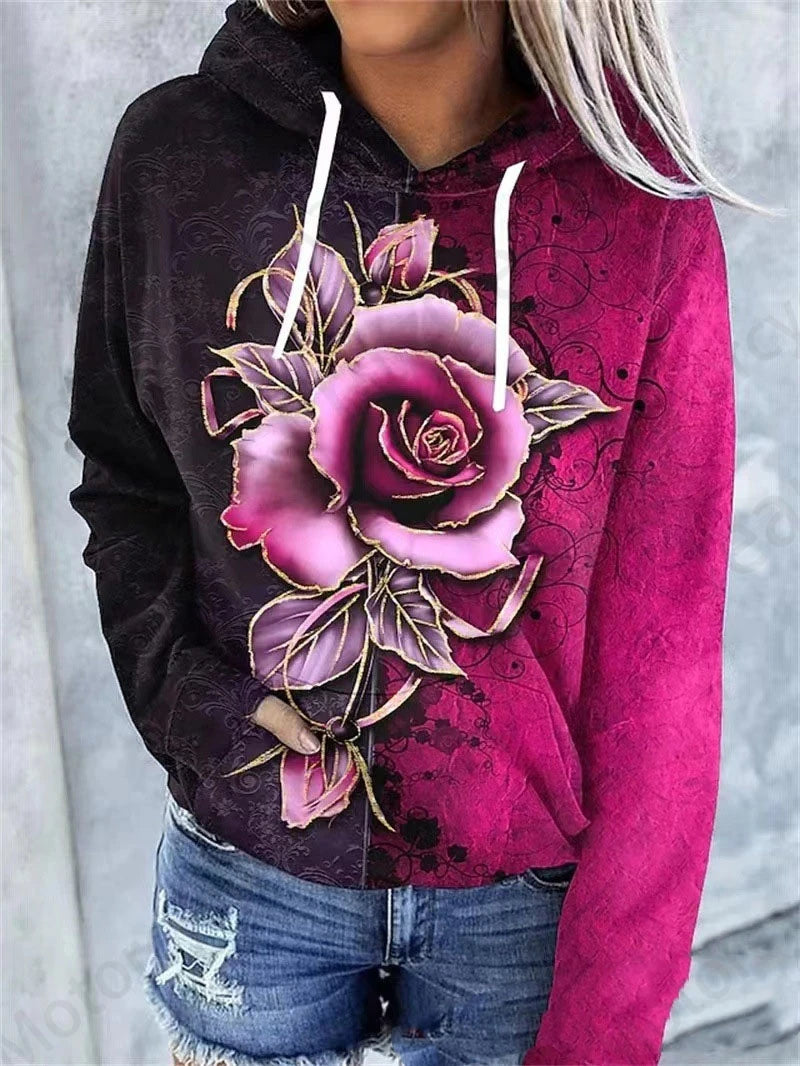 Rose Floral Print Hoodie