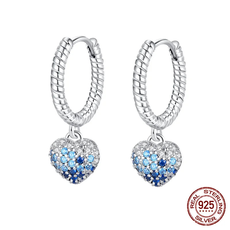 Blue Dangling Heart Hooped Silver Earrings