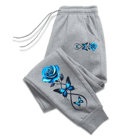 Casual Blue Rose & Butterfly Print Joggers