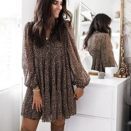 Loose-Fit Leopard Lantern Sleeve V-Neck Dress