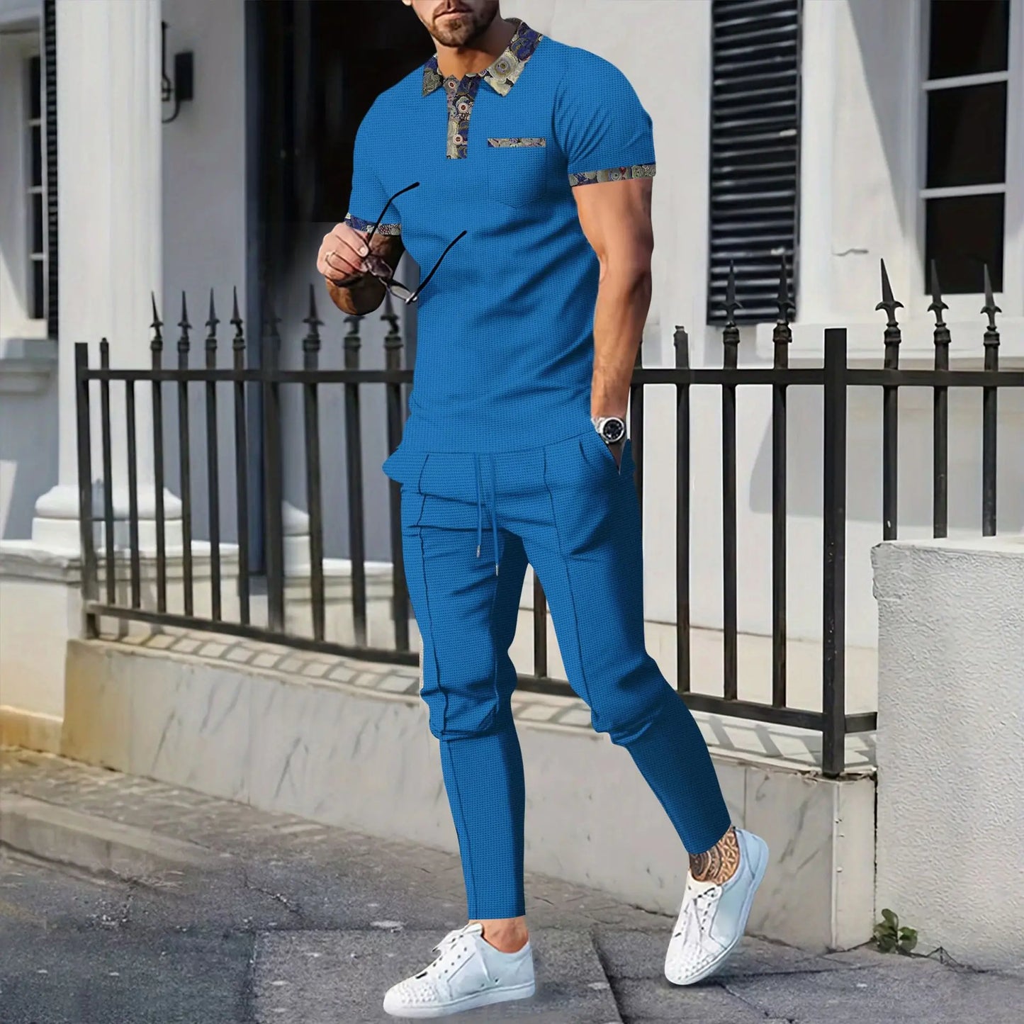 Men's Casual Short-Sleeved Patterned Collar Two-Piece Set
