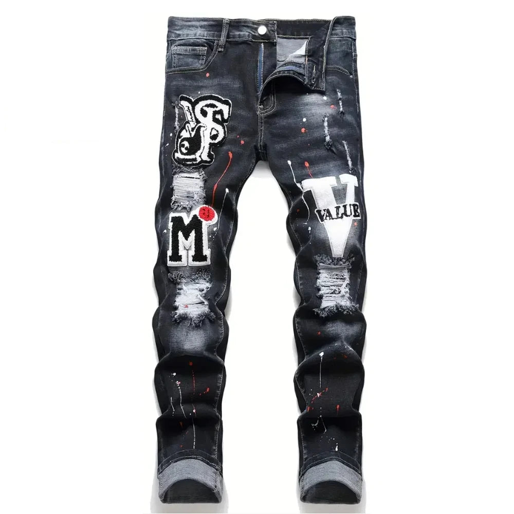 Men’s Stretchy Graffiti Ripped Denim jeans