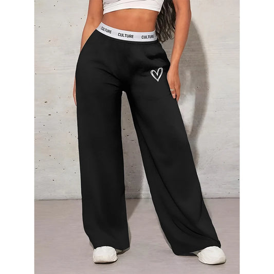 Casual Loose Love Printed Webbing Wide Leg Drag Pants