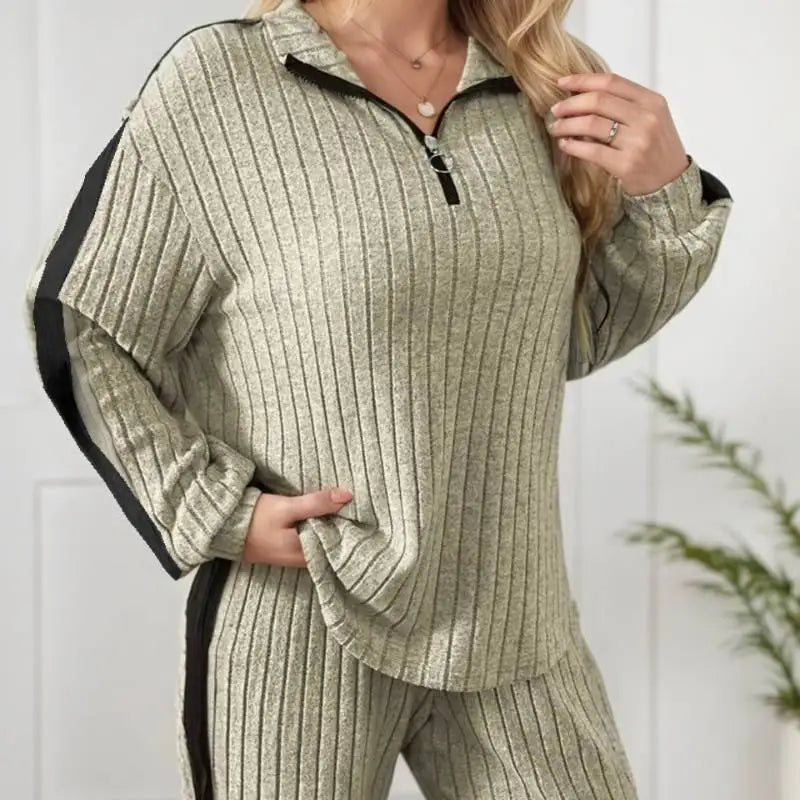 Casual Ribbed Zipper Collar Top & Pants Set