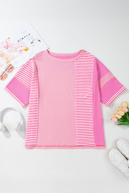 Curve Pink Stripe Patchwork Colour Block Top