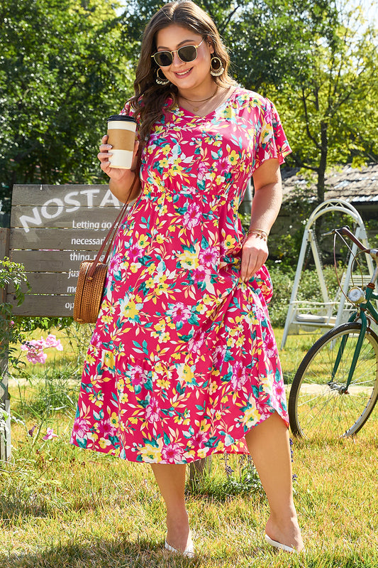 Curve Pink Floral Print V Neck Pocketed High Waist Midi Dress