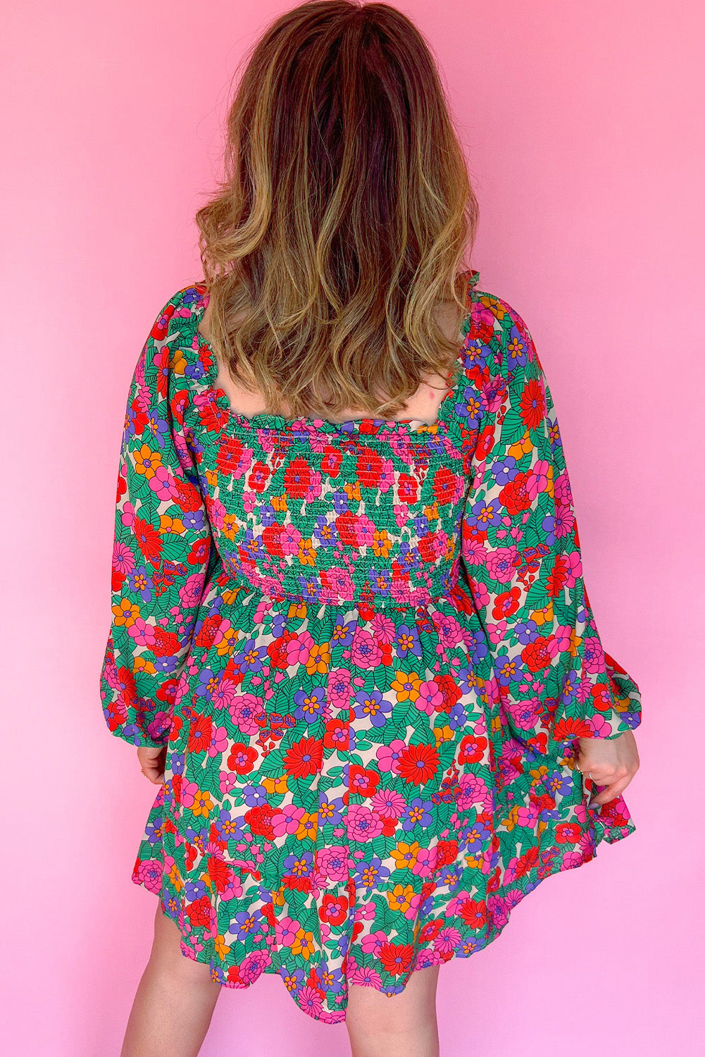 Curve Floral Frilled Square Neck Shirred Long Sleeve Dress