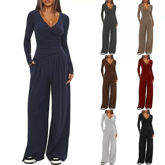 Cross-body Loose Wide-leg  Casual Top & Pants Set