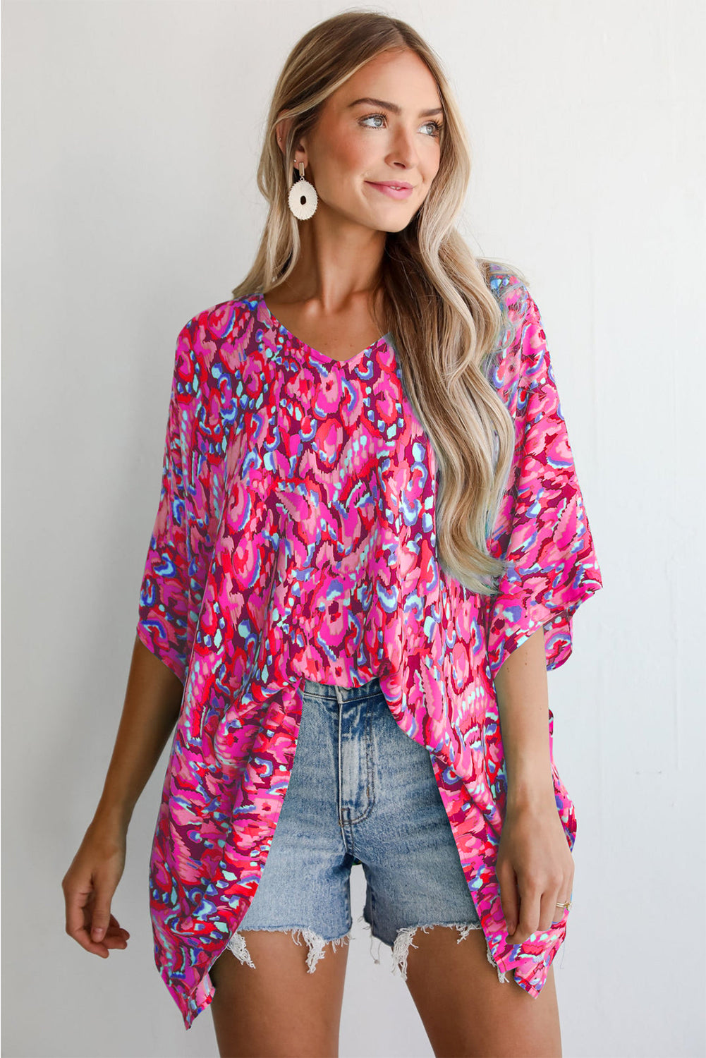 Abstract Print V Neck Half Sleeve Loose Fit Tunic Blouse