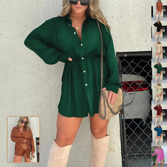 Long Sleeve Shirt Dress with Shorts