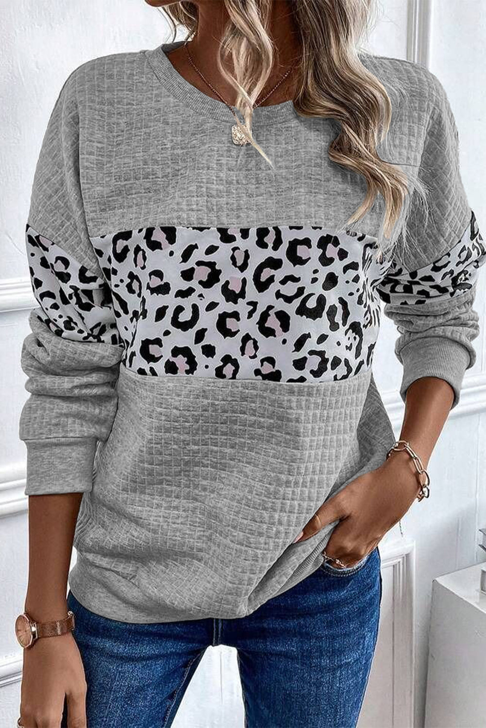 Leopard Quilted Patchwork Crew Neck Sweatshirt