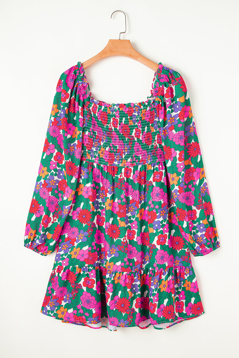 Curve Floral Frilled Square Neck Shirred Long Sleeve Dress