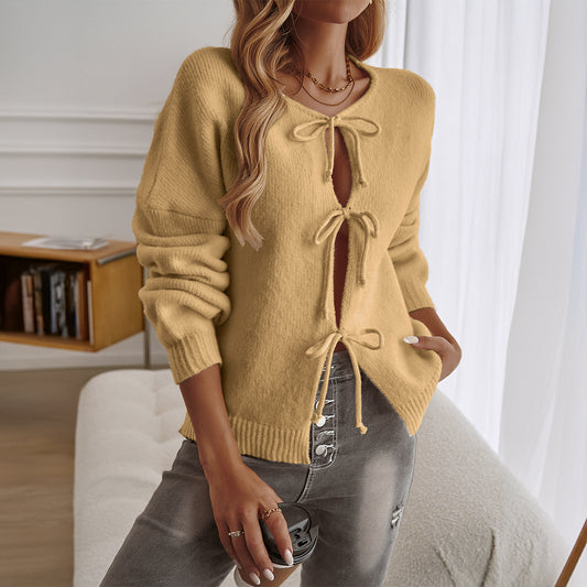 Lace-up Solid Colour Cardigan