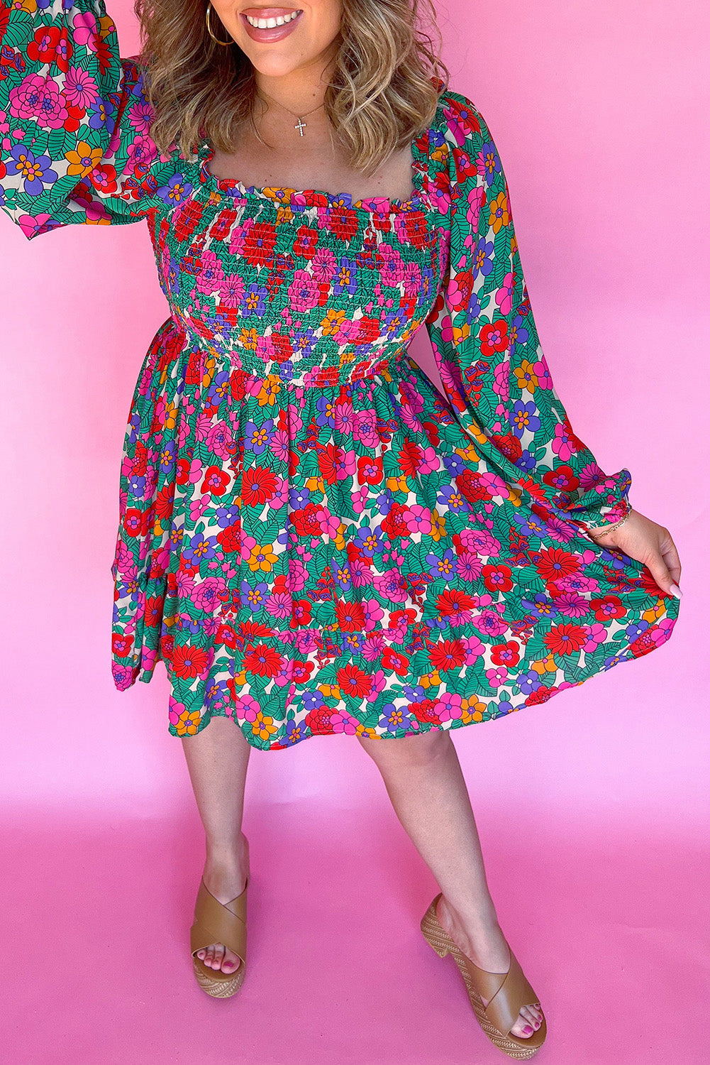 Curve Floral Frilled Square Neck Shirred Long Sleeve Dress