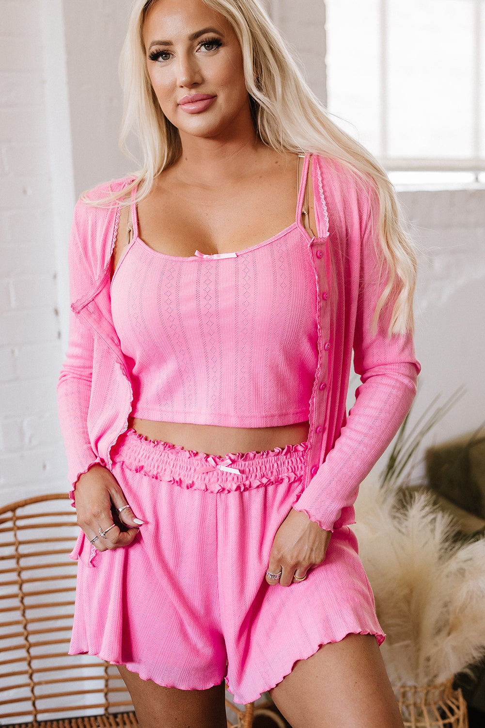 Delicate Texture Cropped Cami Shorts and Cardigan 3pcs Lounge Set
