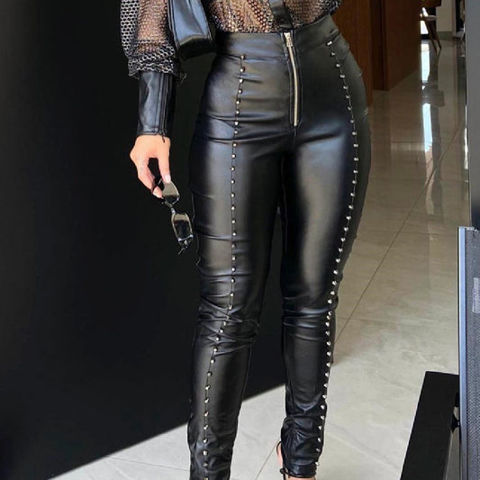 Wet Look Zip Up Rivet Leggings