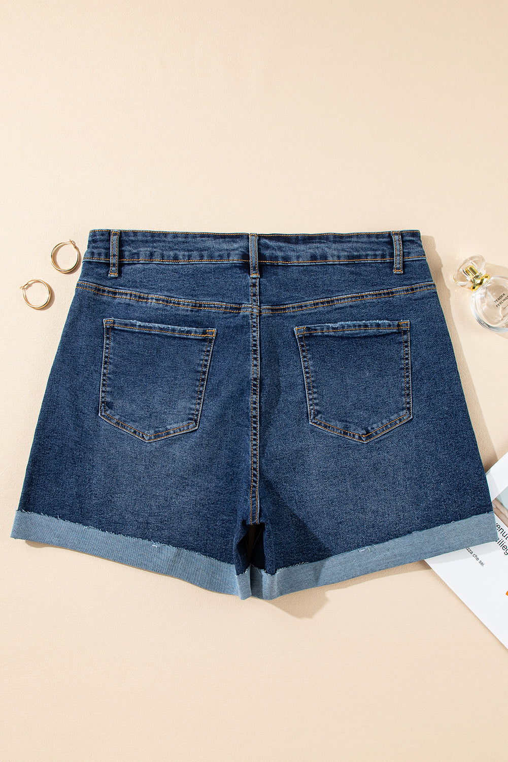 Curve Sail Blue Folded Edge High Waist Denim Shorts