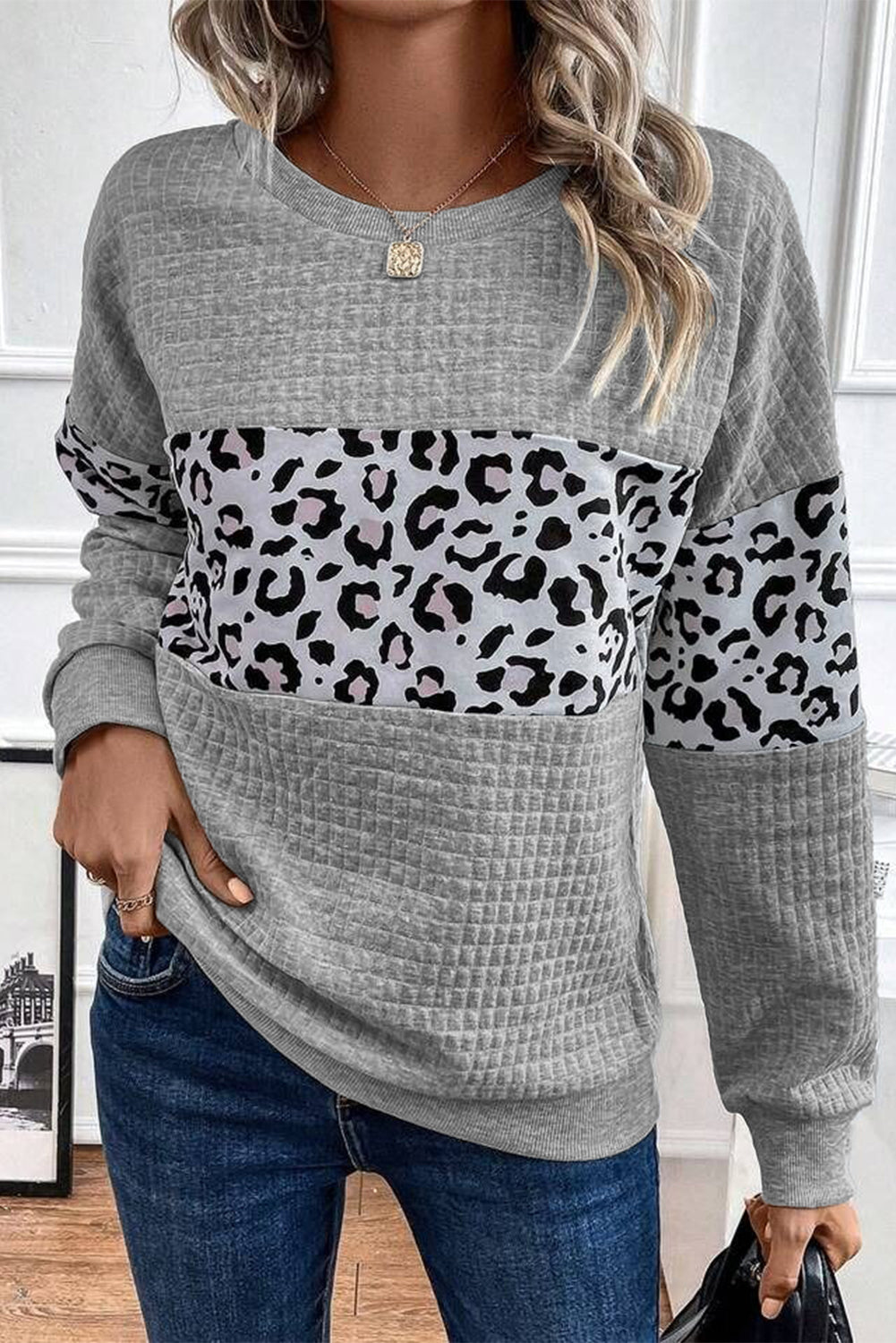 Leopard Quilted Patchwork Crew Neck Sweatshirt