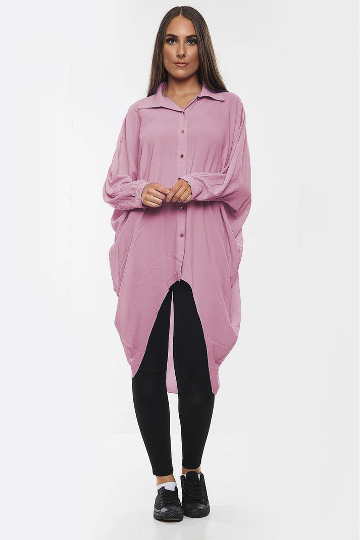 High-Low Oversized Button Long Top Shirt Dress with Hem and Long Sleeves