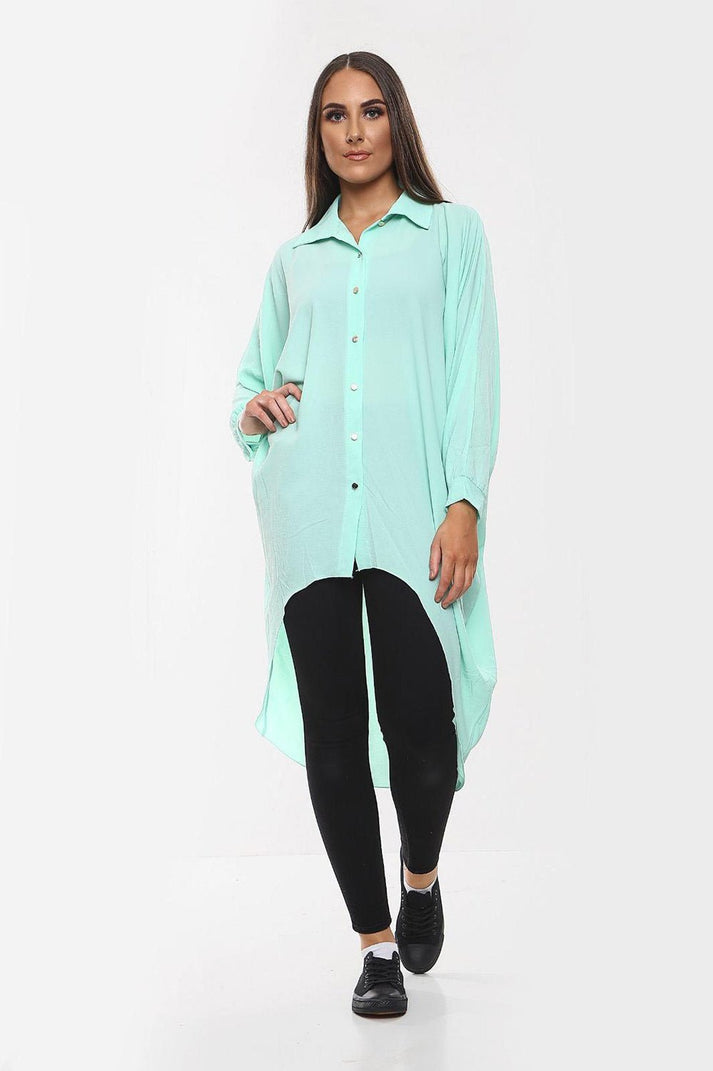High-Low Oversized Button Long Top Shirt Dress with Hem and Long Sleeves