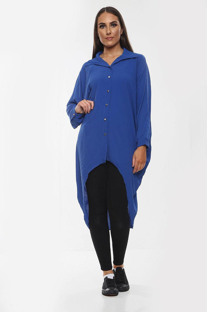 High-Low Oversized Button Long Top Shirt Dress with Hem and Long Sleeves