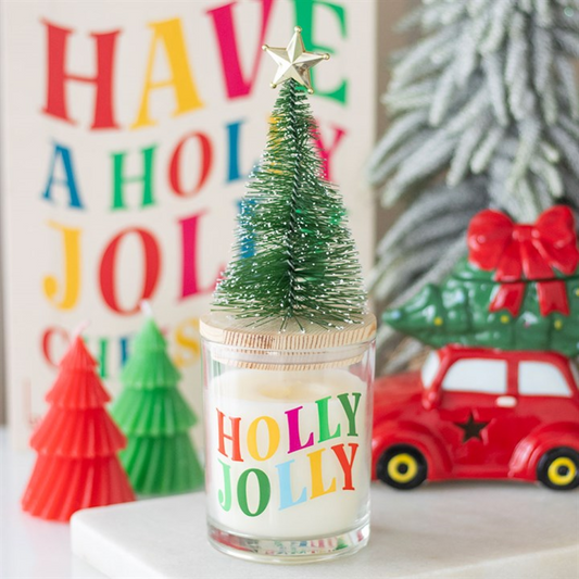 Holly Jolly Pine & Fir Glass Candle with Tree